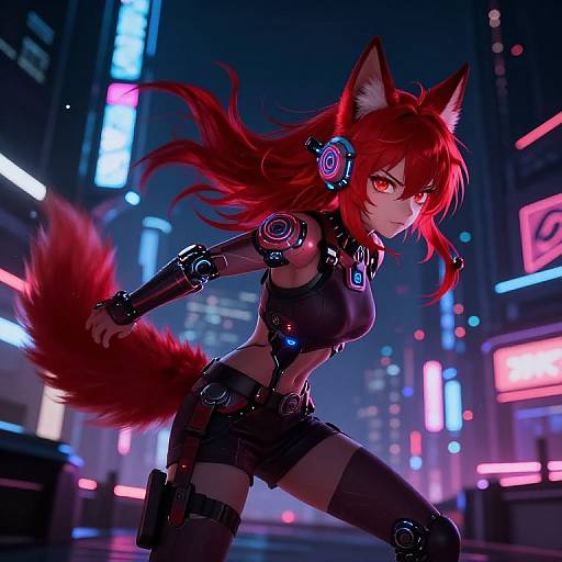 Digital anime-style artwork of a red-haired, fox-eared, cyberpunk warrior with glowing red eyes, wearing black leather and cybernetic armor,