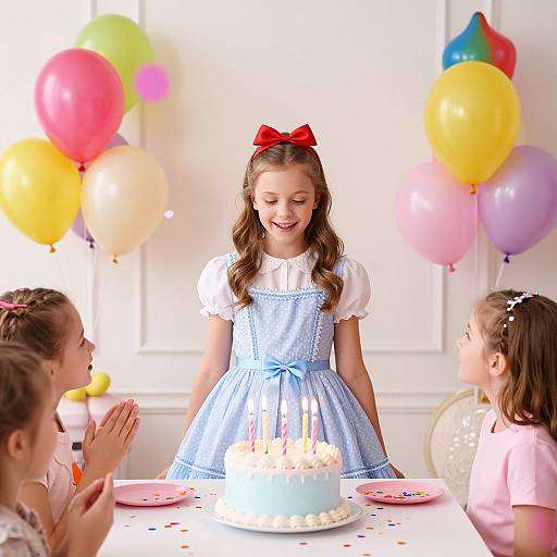 Children Celebrating Birthday with Cake and Balloons