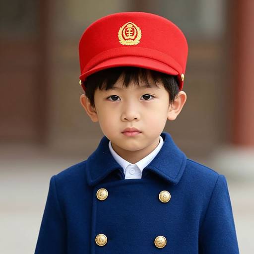 Young Boy in Red Hat and Blue Coat