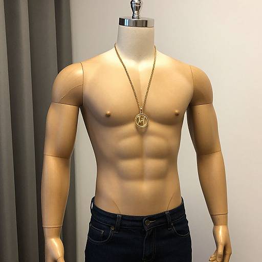 Photograph of a male mannequin torso, muscular and shirtless, wearing black jeans and a gold chain with an 