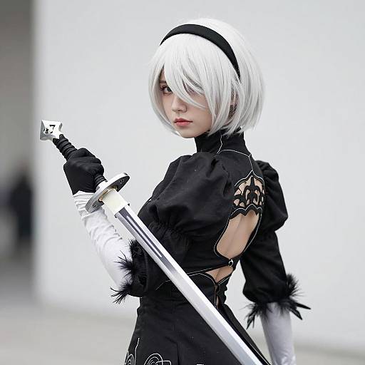 Female Cosplayer with White Sword and Backless Black Dress