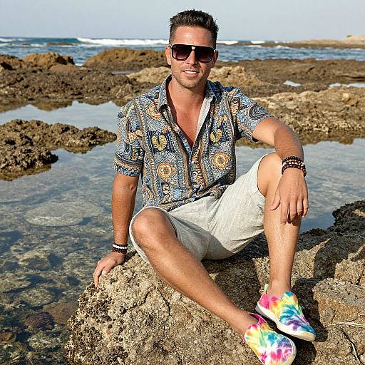 Photograph of a smiling, tan-skinned man with short dark hair, wearing sunglasses, a patterned shirt, white shorts, and tie-dye