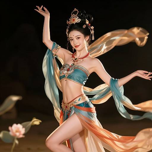 Digital illustration of an Asian ballerina in a teal and orange traditional dance costume with flowing ribbons, adorned with jewelry, against a dark background.