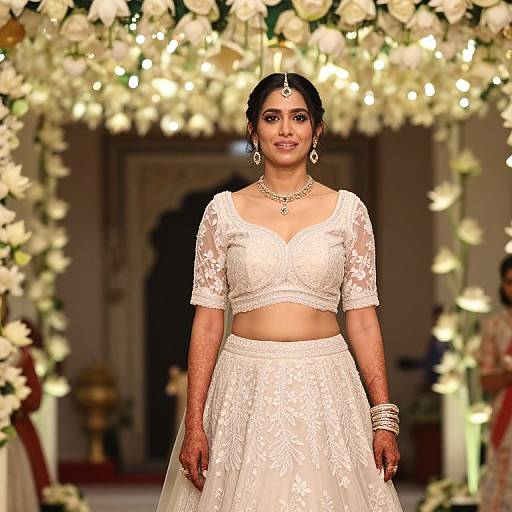 Photograph of an Indian bride with dark hair, wearing white lace wedding attire, jewelry, and a forehead bindi, standing in a floral archway