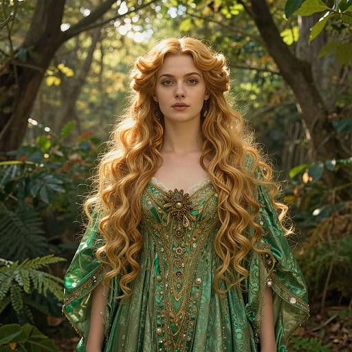 Photograph of a red-haired woman with long, wavy hair in a green, intricately patterned dress, standing in a sunlit forest.