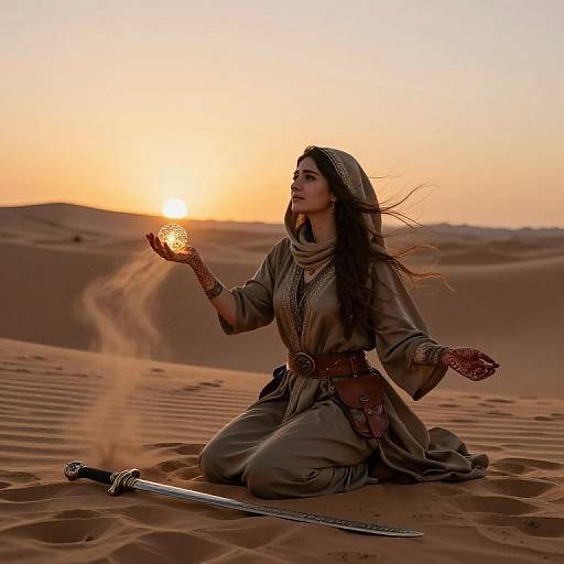 Photograph: Desert sunset, woman in brown robe and headscarf kneeling, glowing orb in hand, ornate sword on sand.