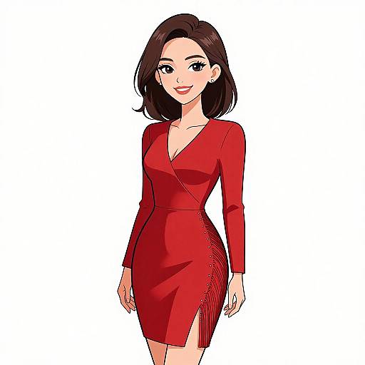 Digital anime-style illustration of a smiling woman with medium-length black hair, wearing a form-fitting, long-sleeved red dress with a deep V