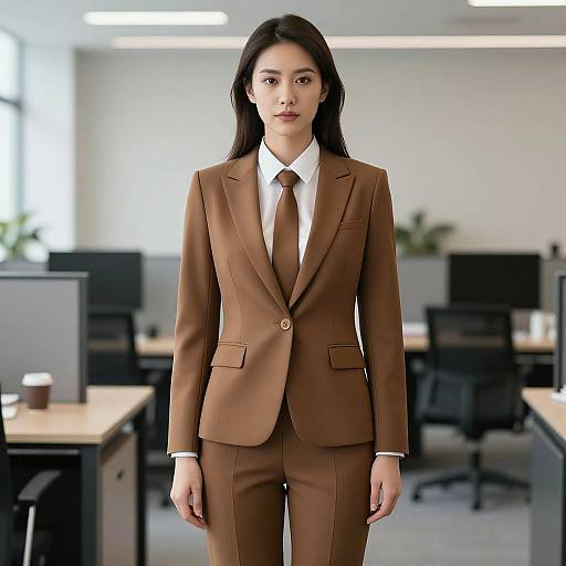 Photograph of an Asian woman with long black hair, wearing a brown suit, white shirt, and brown tie, standing in a modern, brightly lit