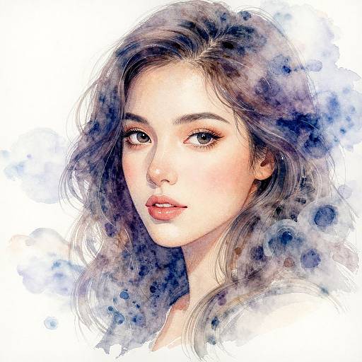 Digital watercolor portrait of a beautiful young woman with wavy, grayish-brown hair, soft pink lips, and delicate features, set against a