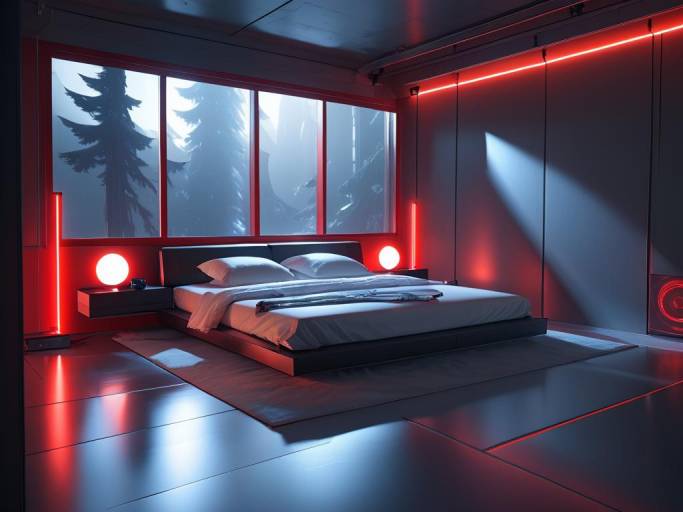 Futuristic Bedroom Interior with Red Neon Lighting