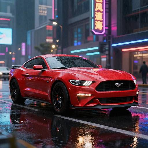 Futuristic Red Mustang in Cyberpunk City