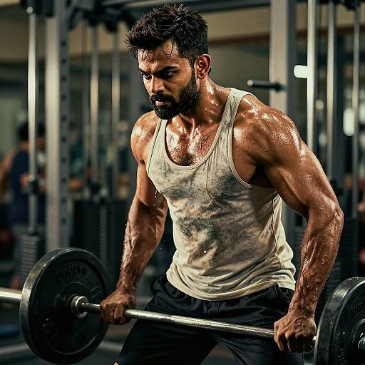 Muscular bearded man with wet, sweaty skin and dark hair, wearing a white, soaked tank top, lifting a barbell in a gym.