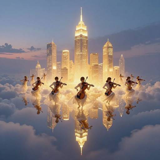 Digital artwork of musicians playing violins and guitars around a glowing, floating cityscape with skyscrapers, reflected in a cloud layer.