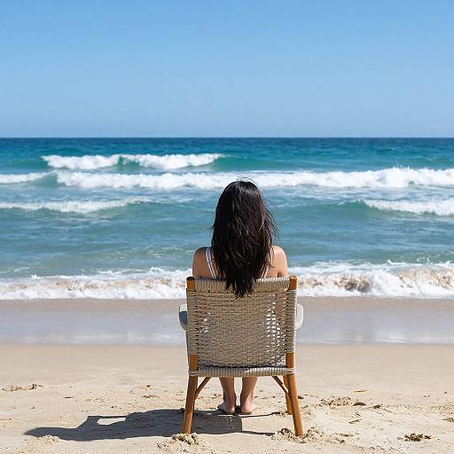 Photograph of a woman with long black hair, sitting on a woven beach chair, facing a clear blue ocean with white waves. Bright sunny day.