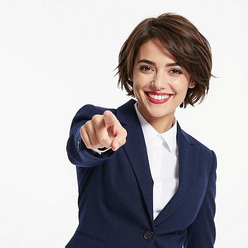 Photograph of a smiling brunette woman with short hair, wearing a navy blue blazer and white shirt, pointing forward against a white background.