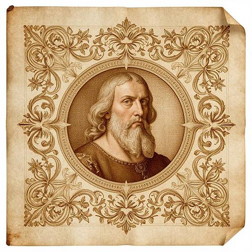 Sepia-toned, intricately detailed engraving of a bearded elderly man with long hair, framed by ornate floral patterns on aged parchment.