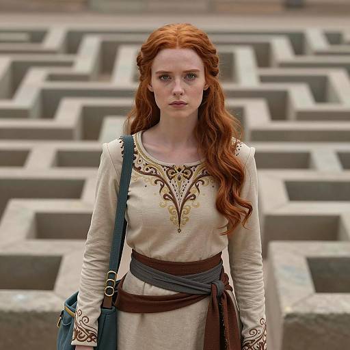 Young Woman in Detailed Costume Standing in Ancient Maze