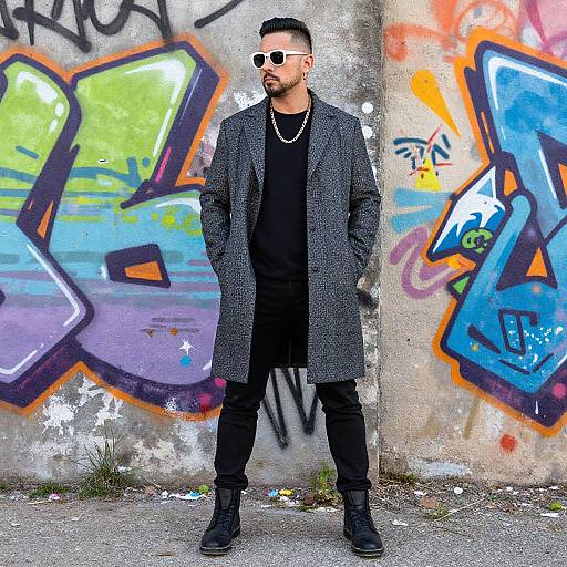 Photograph of a man with short black hair and beard, wearing a gray herringbone coat, black t-shirt, pants, black boots, and