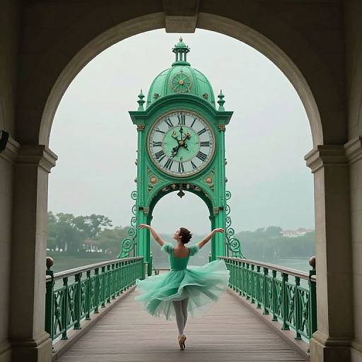 Photograph of a ballerina in a flowing green tutu dancing towards a green clock tower under an archway on a misty bridge.