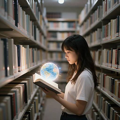 Photograph of an Asian woman with long black hair, wearing a white shirt, reading a book emitting a glowing, illuminated Earth. She's in a
