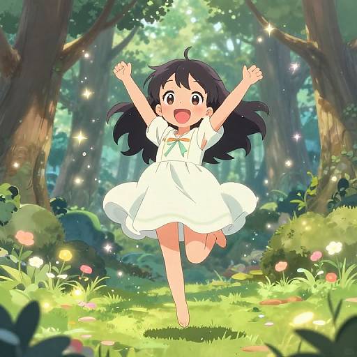 Anime-style drawing of a joyful girl with long black hair in a white dress, jumping in a sunlit forest with sparkling lights.