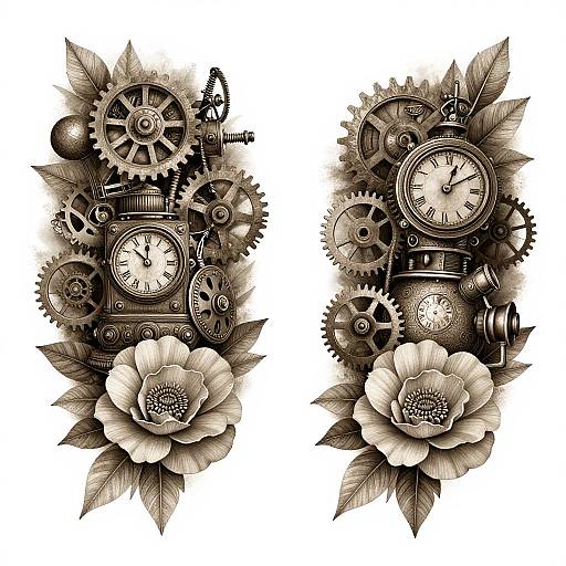 Intricate black-and-white digital tattoo design of two clock-themed gears surrounded by large flowers and leaves, with detailed gears and clock faces.