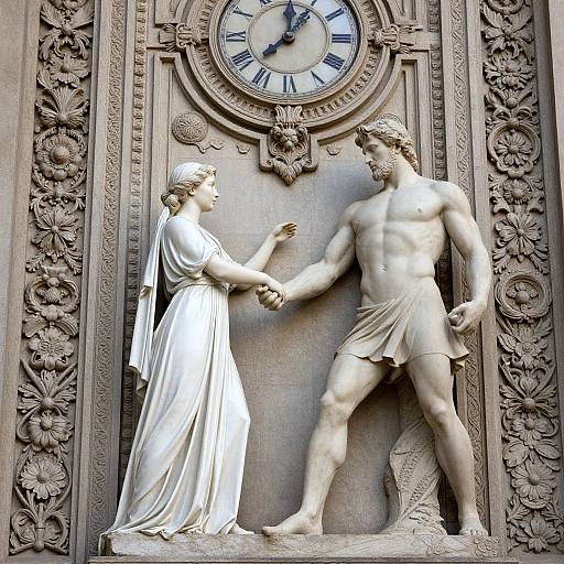 Photograph of classical marble sculpture depicting a muscular, nude man in a draped cloth holding hands with a veiled woman, set against an ornate clock