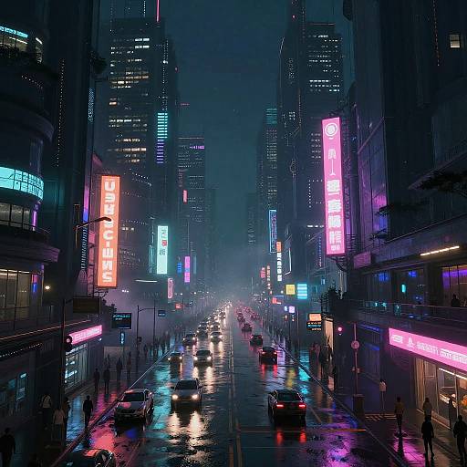 Neon-lit, rainy city street at night, bustling with cars and pedestrians, tall skyscrapers with colorful vertical signs, digital art style,