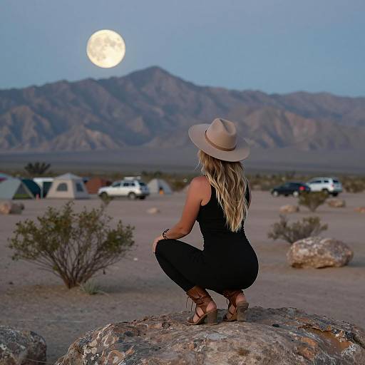 Woman Squatting on Rock in Desert at Moonrise