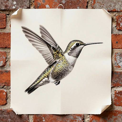 Photograph of a detailed, colored hummingbird drawing on white paper, pinned to a textured, red-brick wall with visible mortar.