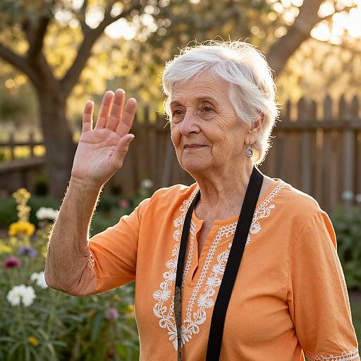 Photograph of an elderly white woman with short white hair, wearing an orange embroidered blouse, black necklace, waving in a sunny garden.