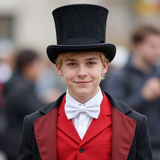 Photograph of a young boy with light brown hair, wearing a black top hat, red velvet jacket, white bow tie, and black lapels,