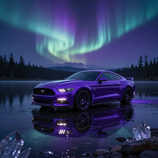 Photograph of a sleek, blue-purple illuminated Ford Mustang parked on a reflective lake at night, with vibrant Northern Lights and a forest silhouette in the background