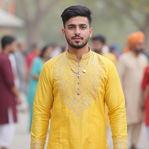 Photograph of a young South Asian man with a short beard, black hair, and mustache, wearing a yellow embroidered kurta, standing in a