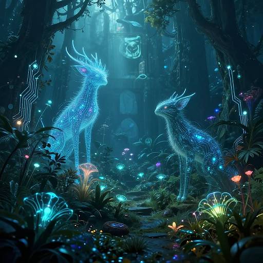 Digital fantasy artwork: Two glowing, blue, ethereal deer with neon antlers stand in a luminescent forest, surrounded by bioluminescent