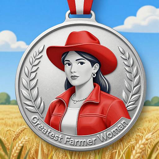 Digital illustration of a silver Great Farming Woman medal with a portrait of a smiling, dark-haired woman in a red hat and jacket, set against a