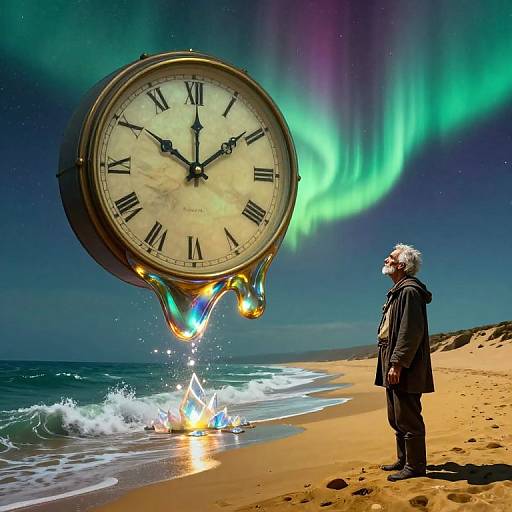 Photograph: Elderly man with white hair, black coat, gazes at gigantic floating clock with Roman numerals, illuminated by aurora borealis