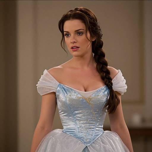 Photograph of a fair-skinned woman with brown hair in a braid, wearing a light blue, sparkling, off-shoulder ball gown,