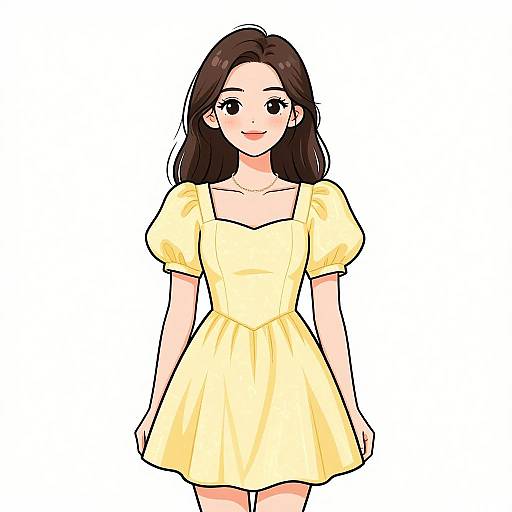 Digital anime-style drawing of a smiling young woman with long dark brown hair, wearing a yellow, puffed-sleeve, square-neck dress.