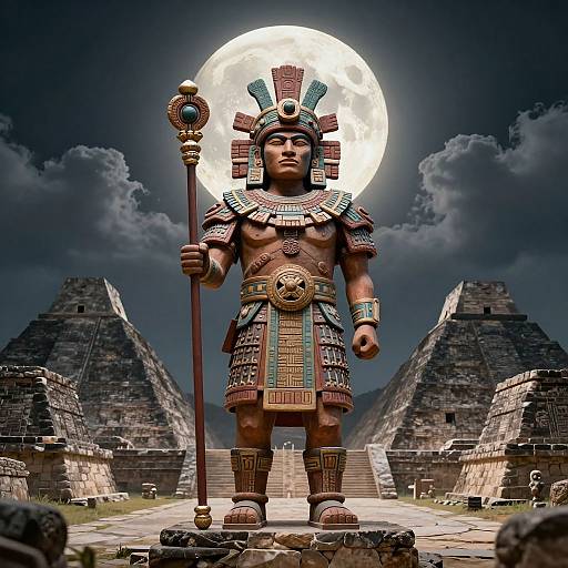 Photorealistic digital art of a Mayan warrior with elaborate headdress, standing before pyramids under a full moon, holding a staff.