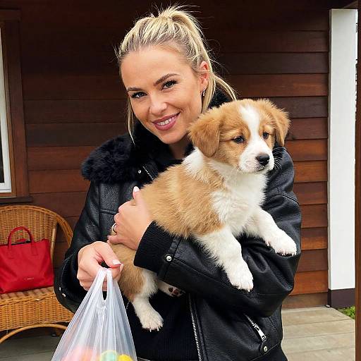 Cheerful Woman with Puppy in Cozy Setting