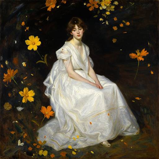 Romantic painting of a fair-skinned woman with dark hair, wearing a white, flowing dress, surrounded by vibrant orange flowers against a dark background.