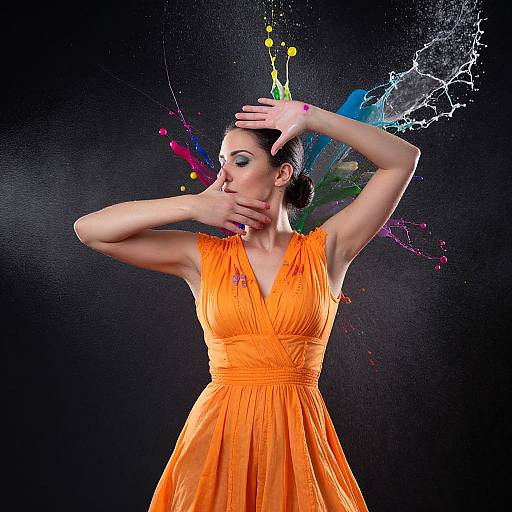 Woman in Orange with Splashing Paint