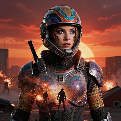 Digital artwork of a fierce woman in futuristic armor with colorful helmet, standing in a war-torn city at sunset. Silhouetted soldiers and explosions