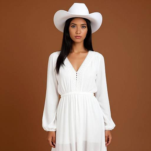 Photograph of a young woman with long black hair, wearing a white, long-sleeved, V-neck dress and white cowboy hat, against a