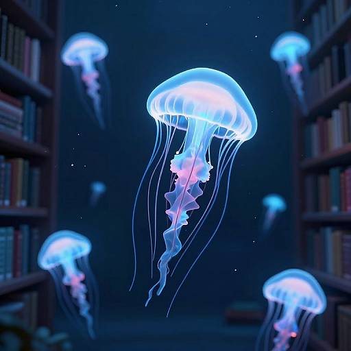 Photograph of glowing blue and pink jellyfish floating through a dark, narrow library aisle with bookshelves on both sides.