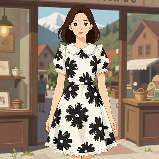 Anime-style drawing of a young woman with brown hair in a white dress with black floral patterns, standing outside a quaint wooden shop. Mountain and houses in