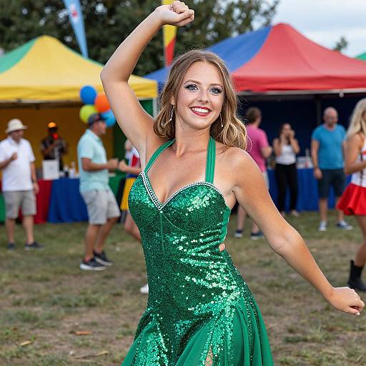 Photograph of a smiling woman with light brown hair in a sparkling green sequin dress, dancing outdoors at a colorful fair with tents and people in the
