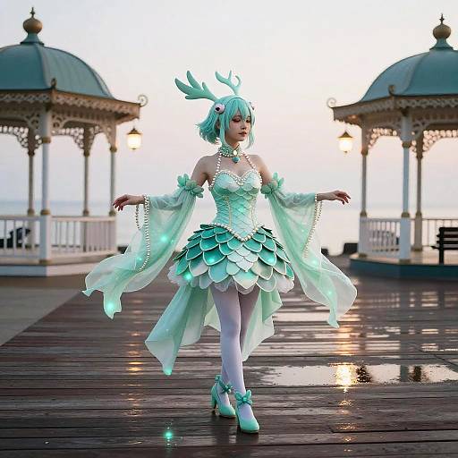 Elegant Milotic Cosplayer at Seaside Dawn
