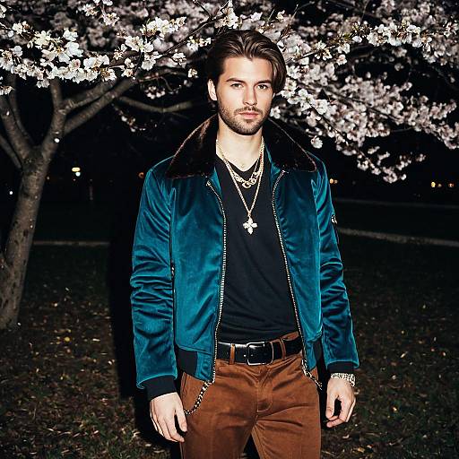 Stylish Man in Velvet Jacket Under Cherry Blossoms at Night